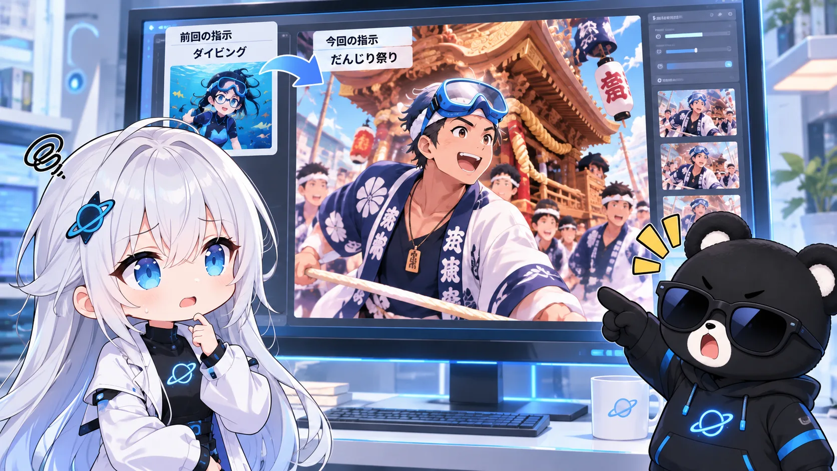 前回のダイビング装備が、今回のだんじり祭りのイラストに混ざってしまった架空例