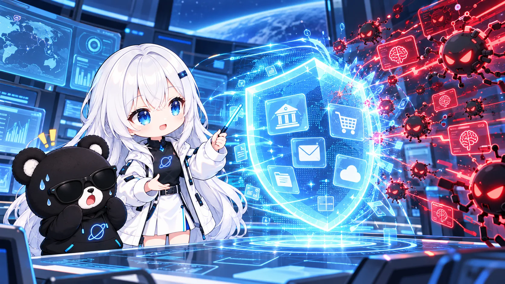 青いサイバー防壁でデジタルサービスを守るゆなとスターク