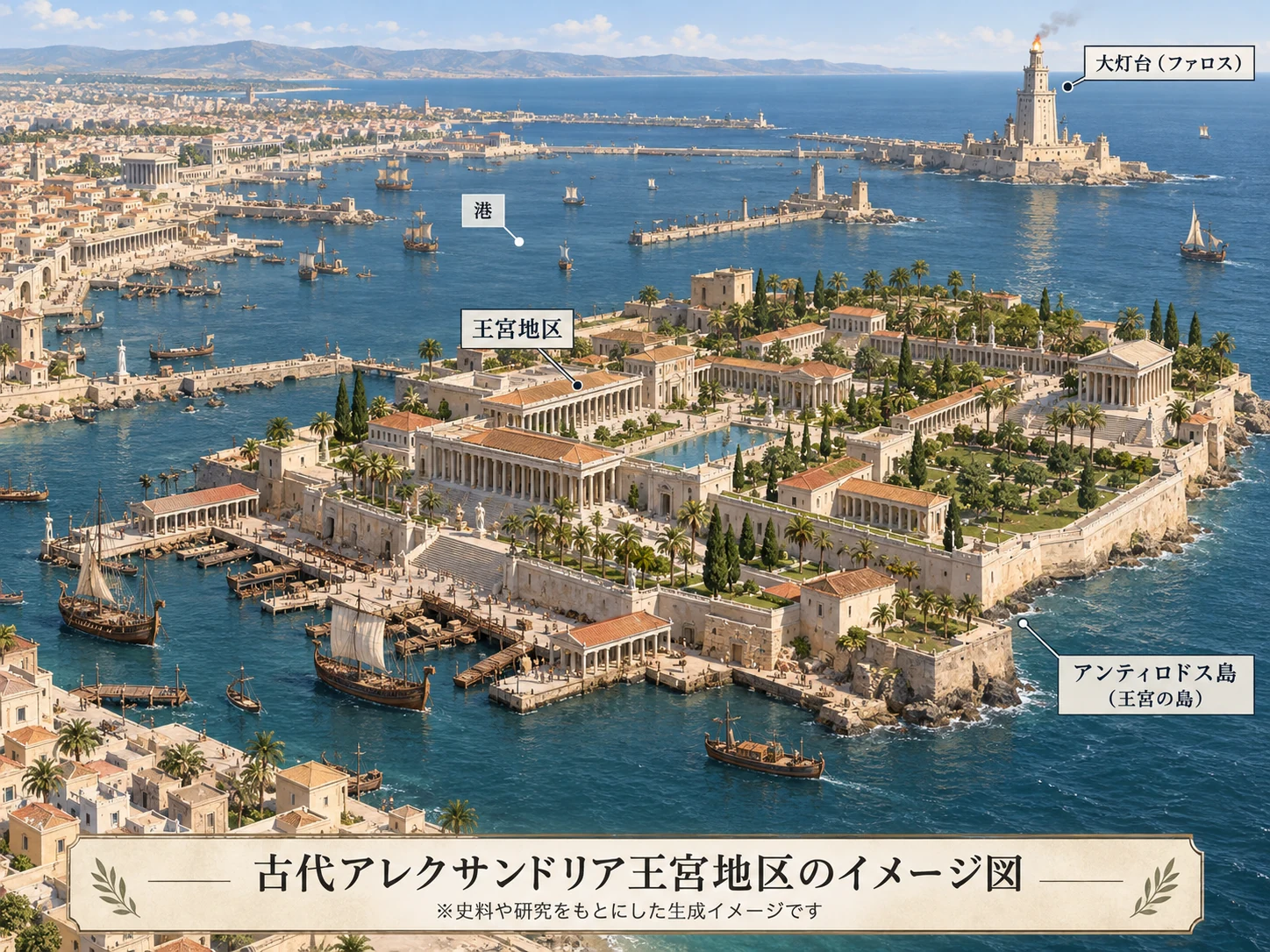 古代アレクサンドリアの大港、アンティロドス島の王宮地区、対岸の大灯台の位置関係をイメージした鳥瞰図。建物や配置は確定的な復元ではない