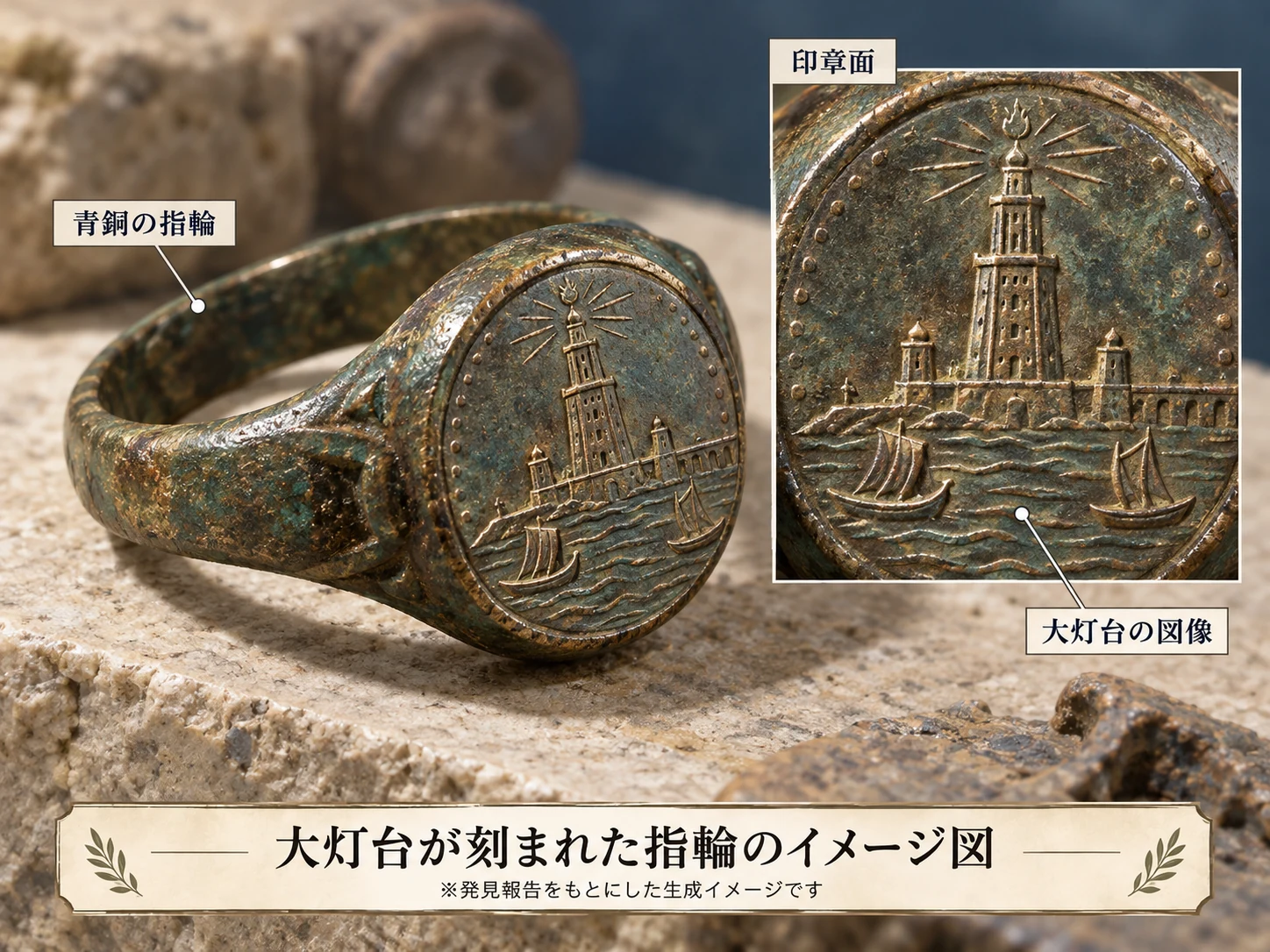失われたアレクサンドリアの大灯台を刻んだ青銅製印章指輪を想像した図。実際の発掘品と彫刻の細部は一致しない