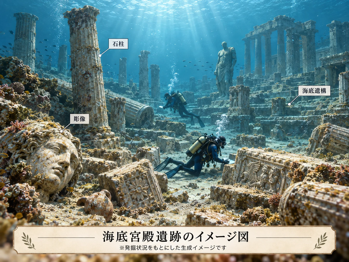 海中で石柱、崩れた彫像、石材などを調査するダイバーを描いたイメージ。実際の発掘現場の写真ではない