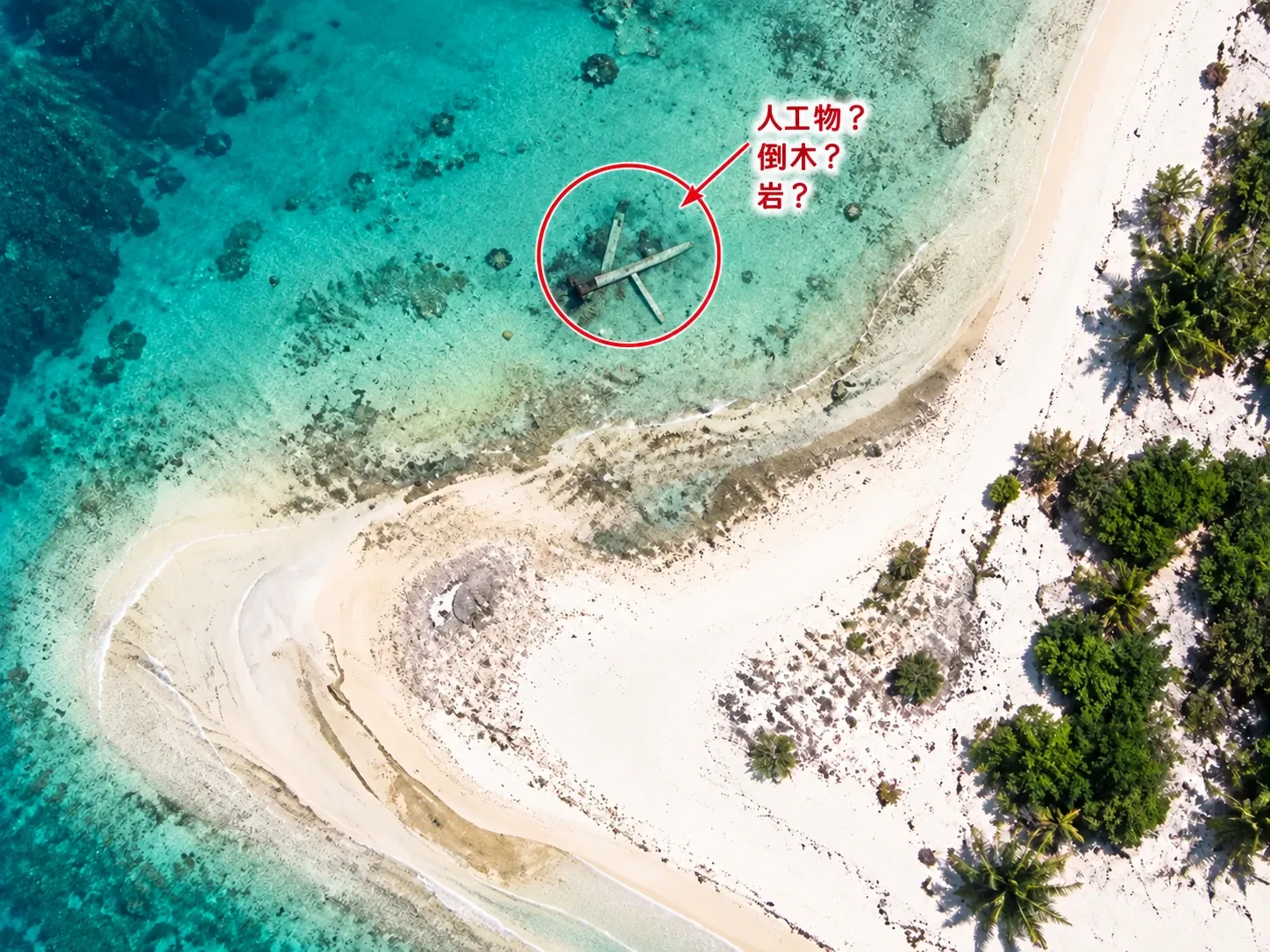 ニクマロロ島の浅瀬を上空から見たAI生成イメージ。赤丸で調査対象の位置を示し、『人工物？ 倒木？ 岩？』と注記している