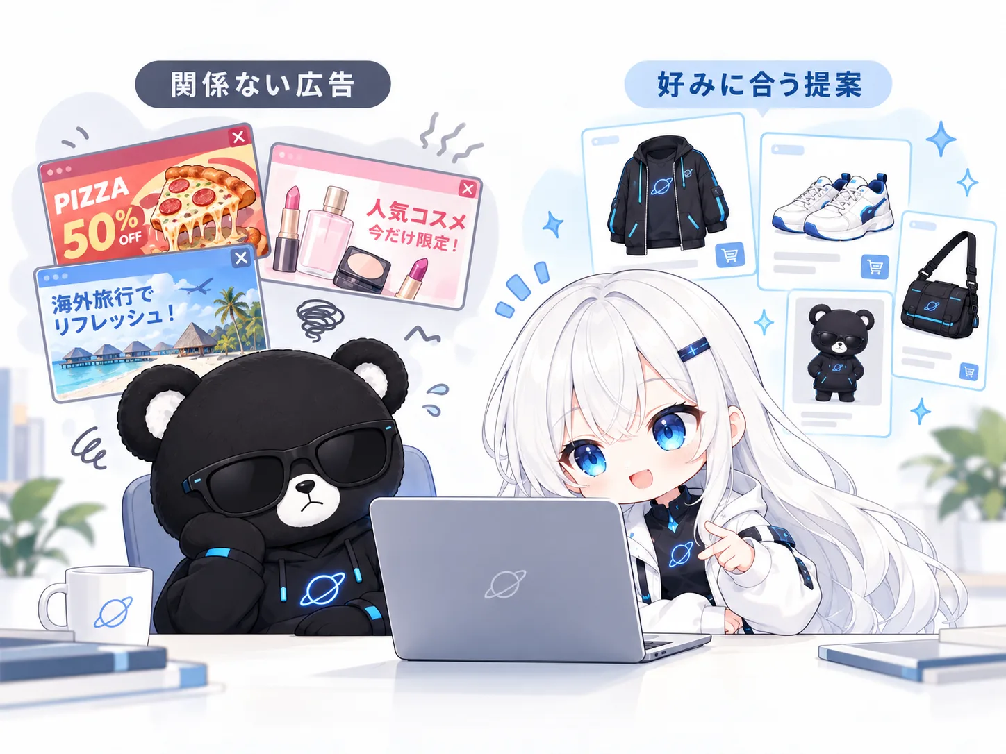 左は「関係ない広告」として、ピザ50%オフ、人気コスメ、海外旅行のバナーに囲まれて不満そうな顔の黒クマのスターク。右は「好みに合う提案」として、黒いブルゾン、白いスニーカー、ショルダーバッグのカードを指さしながら笑顔で提案するゆなを並べた比較イラスト