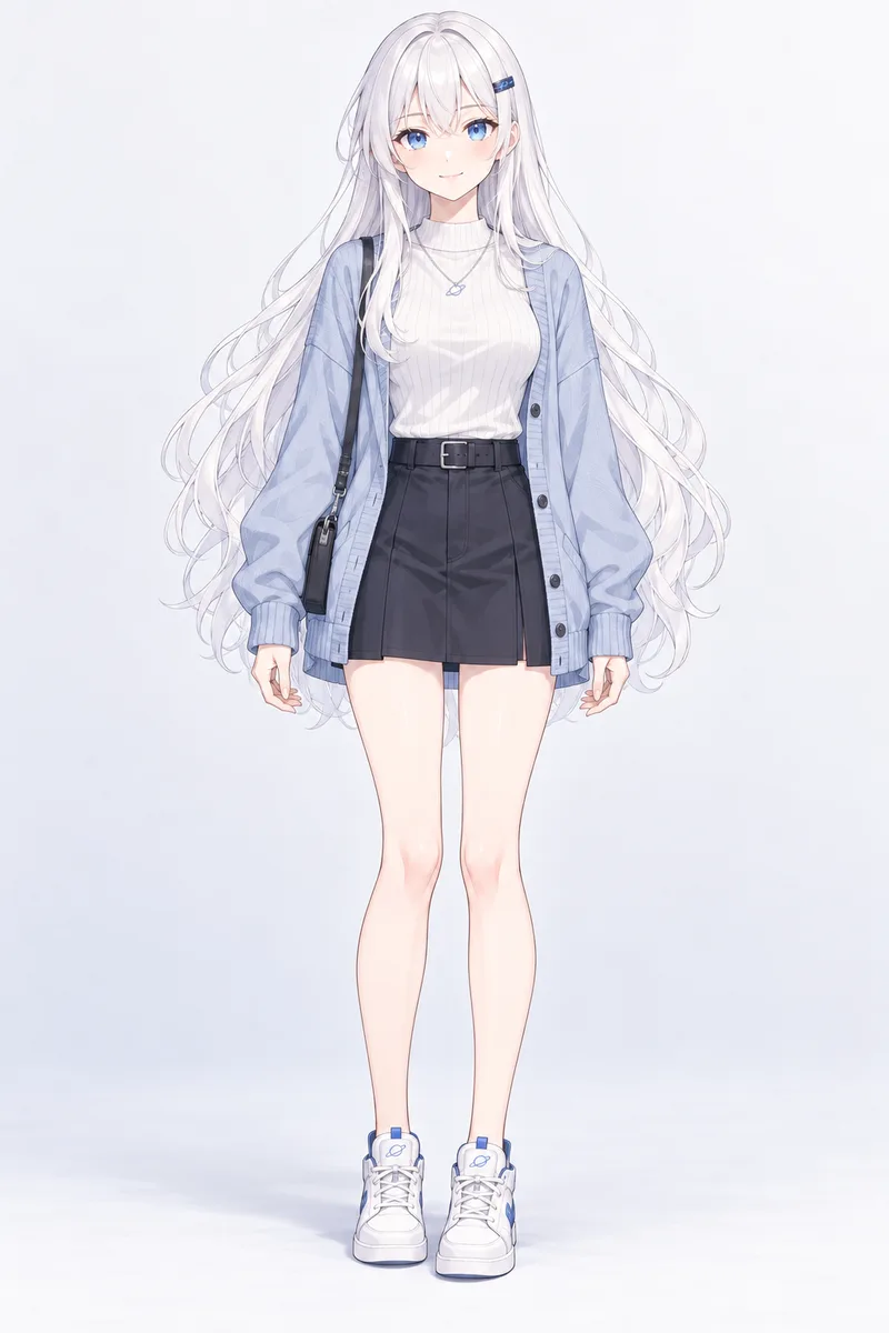 試着前のYunaモデル。銀髪ロングのYunaが正面を向いて立ち、水色のカーディガン、白いリブニット、黒いミニスカート、ショルダーバッグ、青いアクセントの白いスニーカーを身に着けている