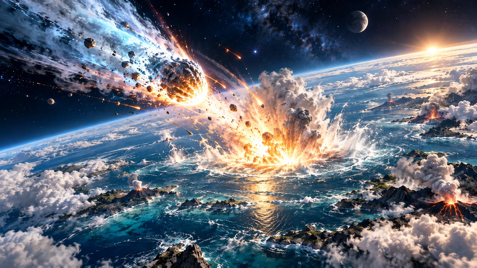原始地球の海へ突入する彗星と衝突で発生する熱・衝撃を表現した概念イラスト
