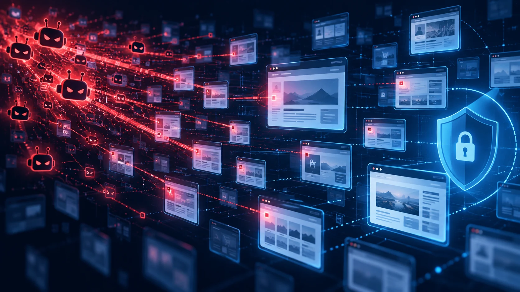 赤い自動攻撃ボットが多くのWebサイトを機械的に探索するイメージ