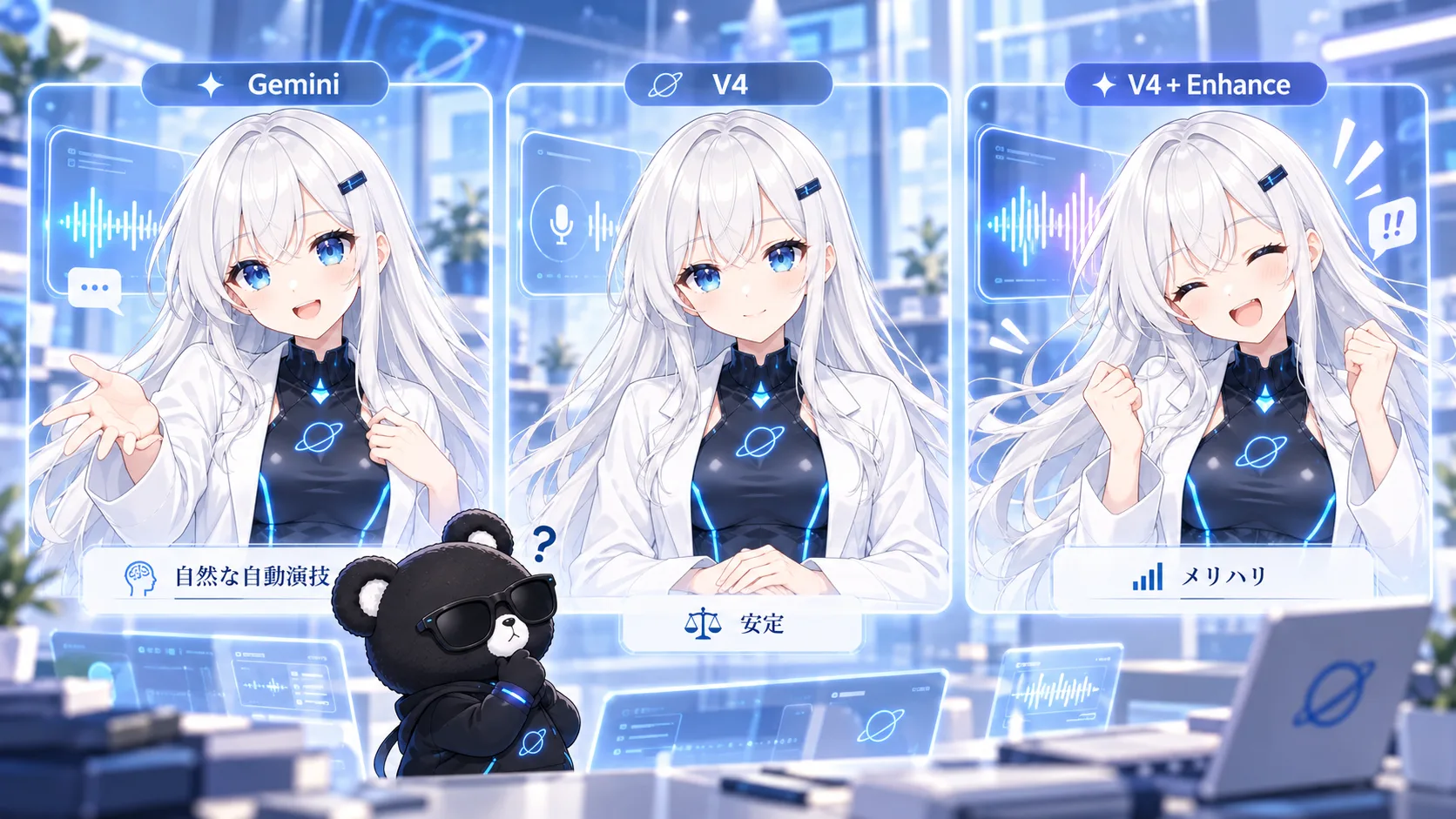 「Gemini」「V4」「V4 + Enhance」の3枚のパネルに、それぞれ「自然な自動演技」「安定」「メリハリ」と書かれ、表情の違うゆなが並んでいる。手前でスタークが首をかしげている