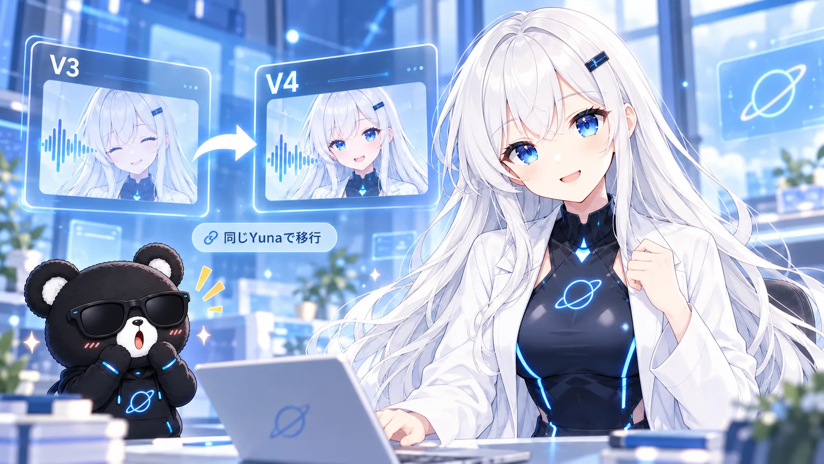 V3の画面からV4の画面へ矢印が伸び、「同じYunaで移行」と表示されている。手前でゆなが笑顔でノートPCに向かい、スタークが驚いている