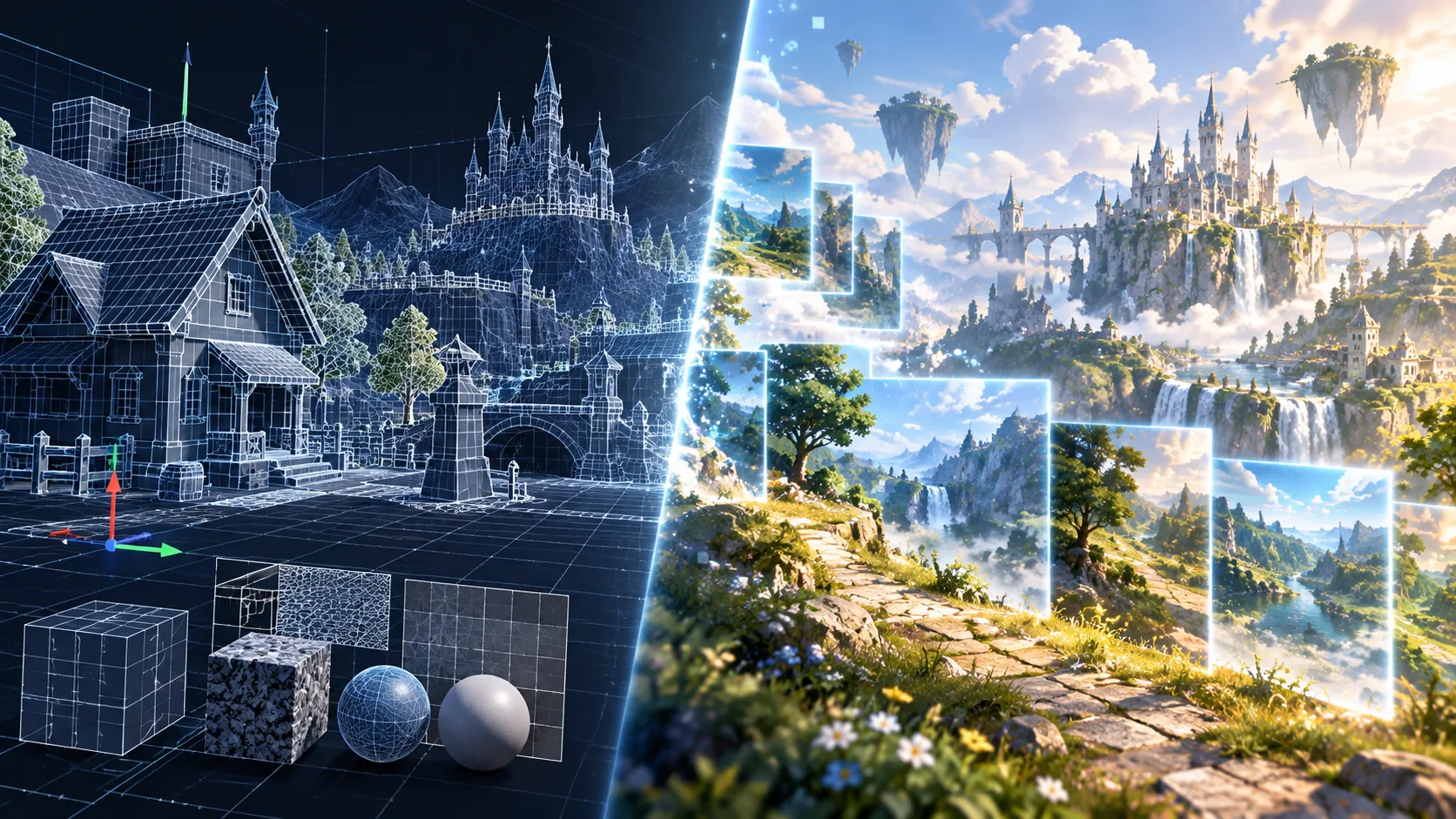 ポリゴンのワイヤーフレームで表現されたゲーム世界と、AIが映像を逐次生成する世界モデルを対比した概念イラスト