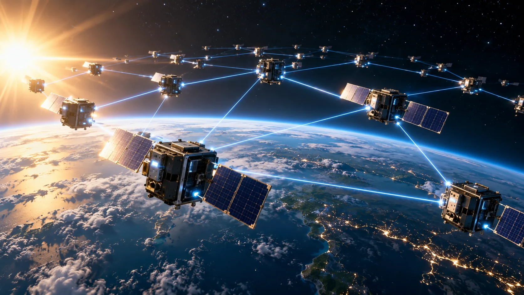 多数のAI衛星がレーザー通信で接続され地球上空にクラスターを形成する将来イメージ。太陽光を受ける地球の上空で、太陽電池パネルを広げた多数の衛星が青いレーザーの線で網の目のようにつながっている