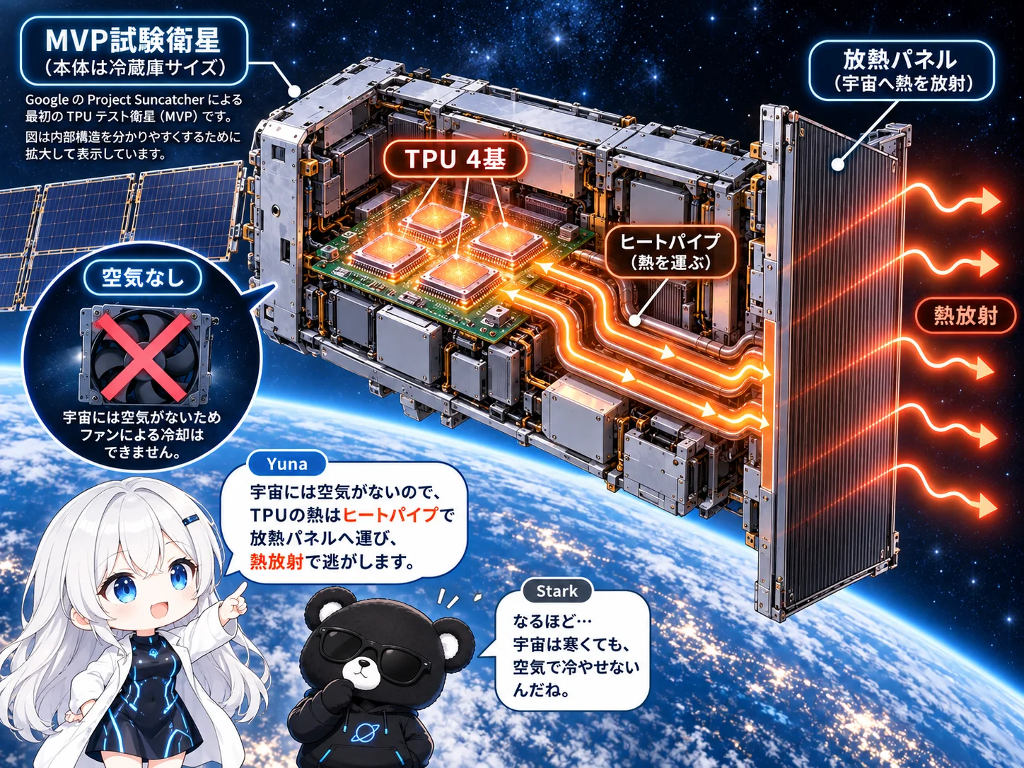 TPUの熱をヒートパイプから放熱パネルへ運び宇宙へ放射する仕組みをYunaとStarkが解説する図。冷蔵庫サイズのMVP試験衛星の内部にTPU 4基があり、ヒートパイプが熱を放熱パネルへ運んで熱放射で宇宙へ逃がす。「空気なし」の囲みには、宇宙には空気がないためファンによる冷却はできないと書かれている。ゆなは「宇宙には空気がないので、TPUの熱はヒートパイプで放熱パネルへ運び、熱放射で逃がします。」、スタークは「なるほど…宇宙は寒くても、空気で冷やせないんだね。」と話している