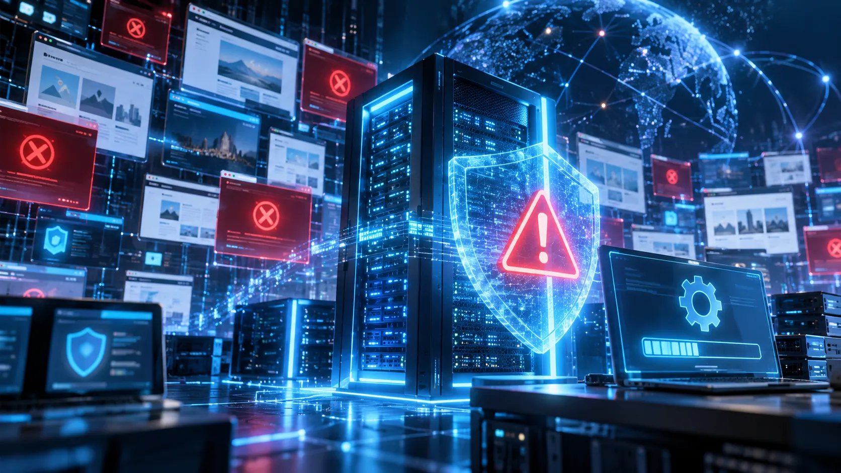 世界各地のWebサイトで停止警告と緊急メンテナンスが表示されるサーバー運用のイメージ