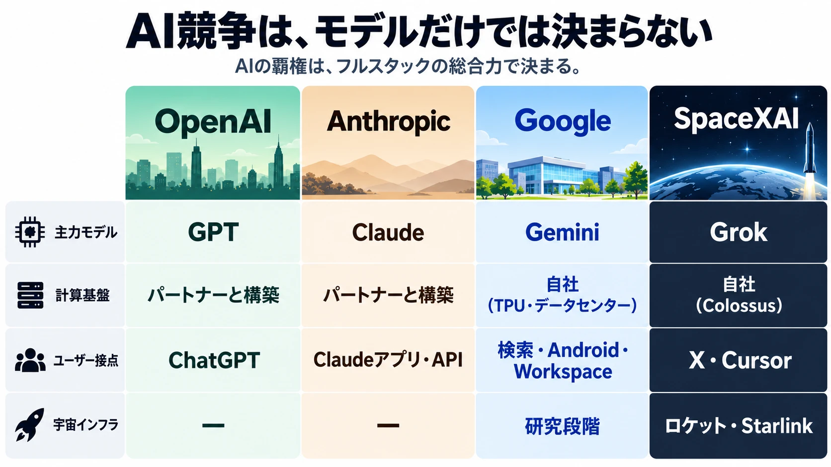 OpenAI、Anthropic、Google、SpaceXAIの4社を、主力モデル・計算基盤・ユーザー接点・宇宙インフラの4項目で比較した図
